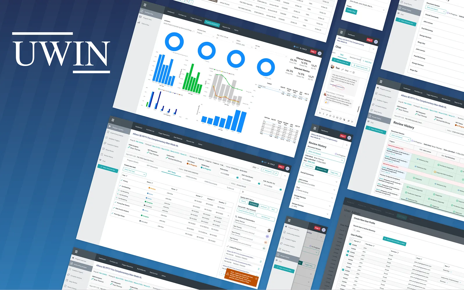 UWIN logo over a collage of UWIN screens, including a portfolio dashboard, task management, in-app chat, review history and user admin