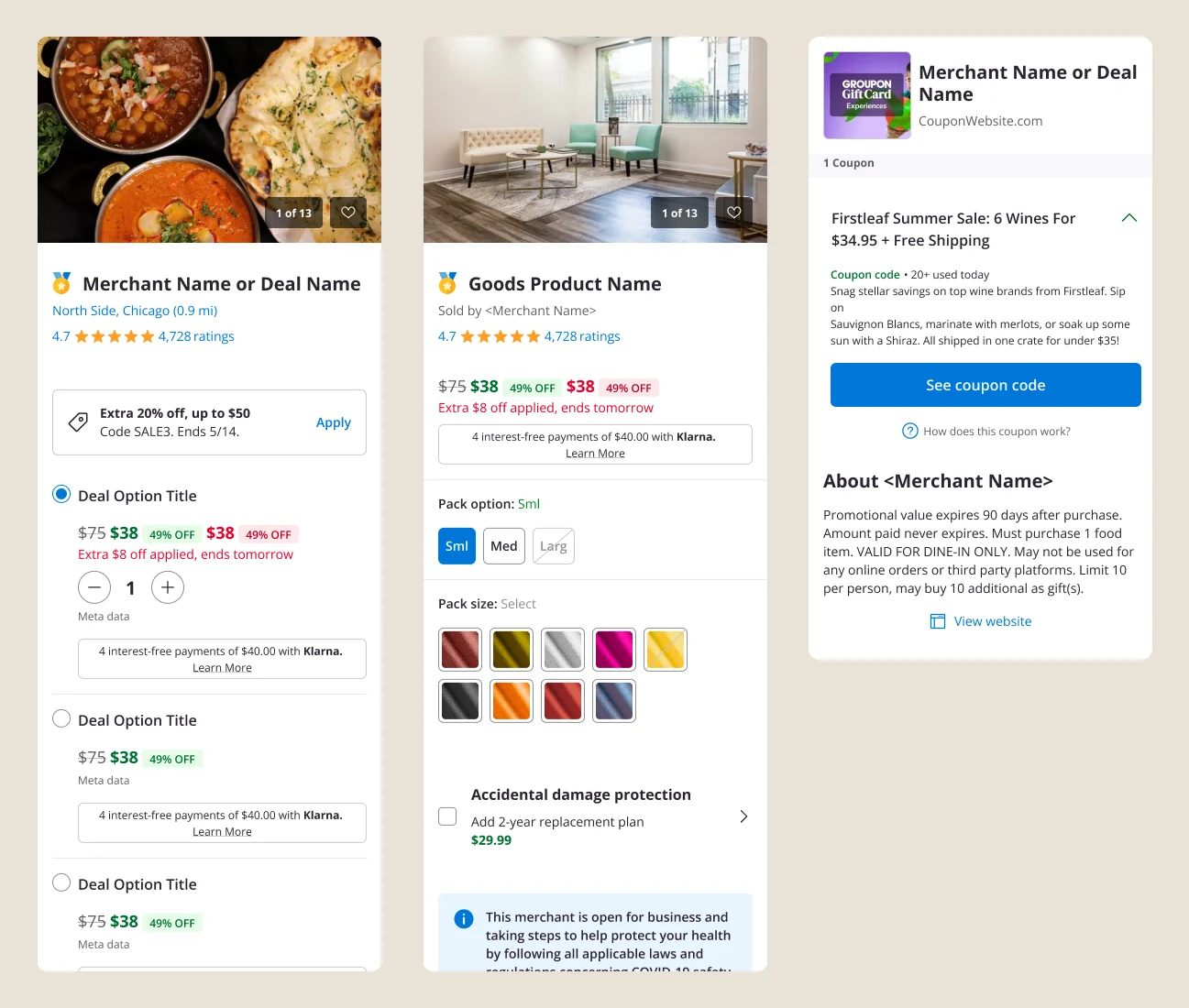 Local, Goods and Coupon deal pages shown side by side on mobile, each using the same layout system with different purchase modules