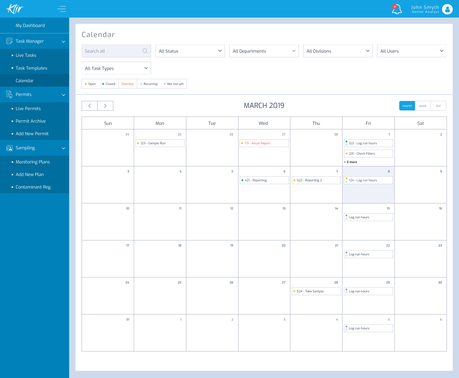Calendar screen, showing a month view with open, closed, overdue and recurring tasks plotted by day