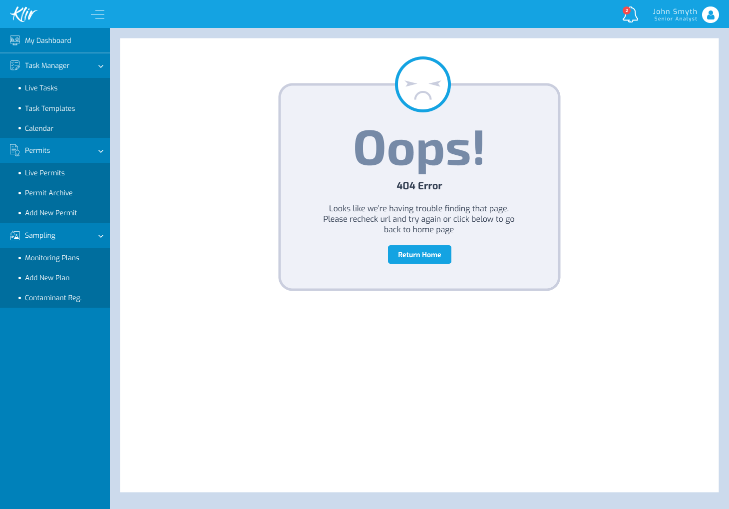 404 error page, shown when a URL doesn't resolve to a page, with a link back to the home page
