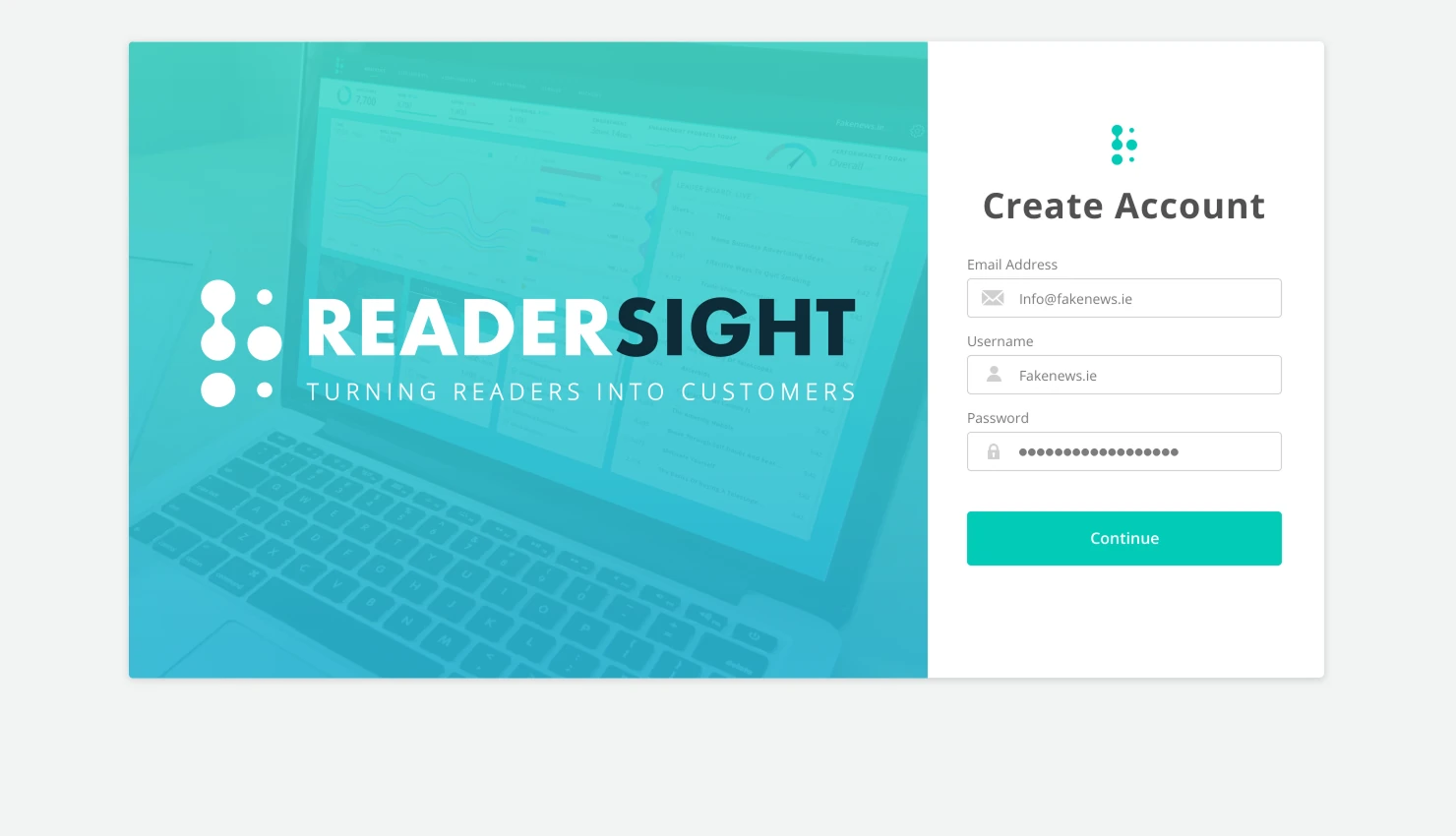 Create Account screen, with the Readersight logo and tagline beside email, username and password fields